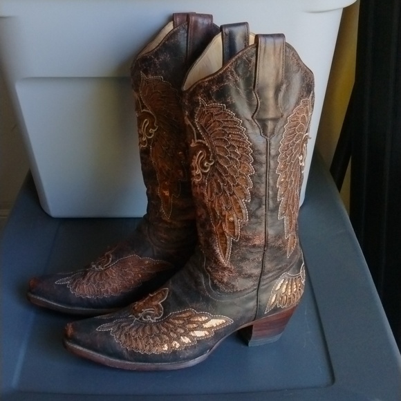 Corral Ladies Distressed Brown Wing Fleur De Lis Sequence Boot size 9.5 - Picture 15 of 16